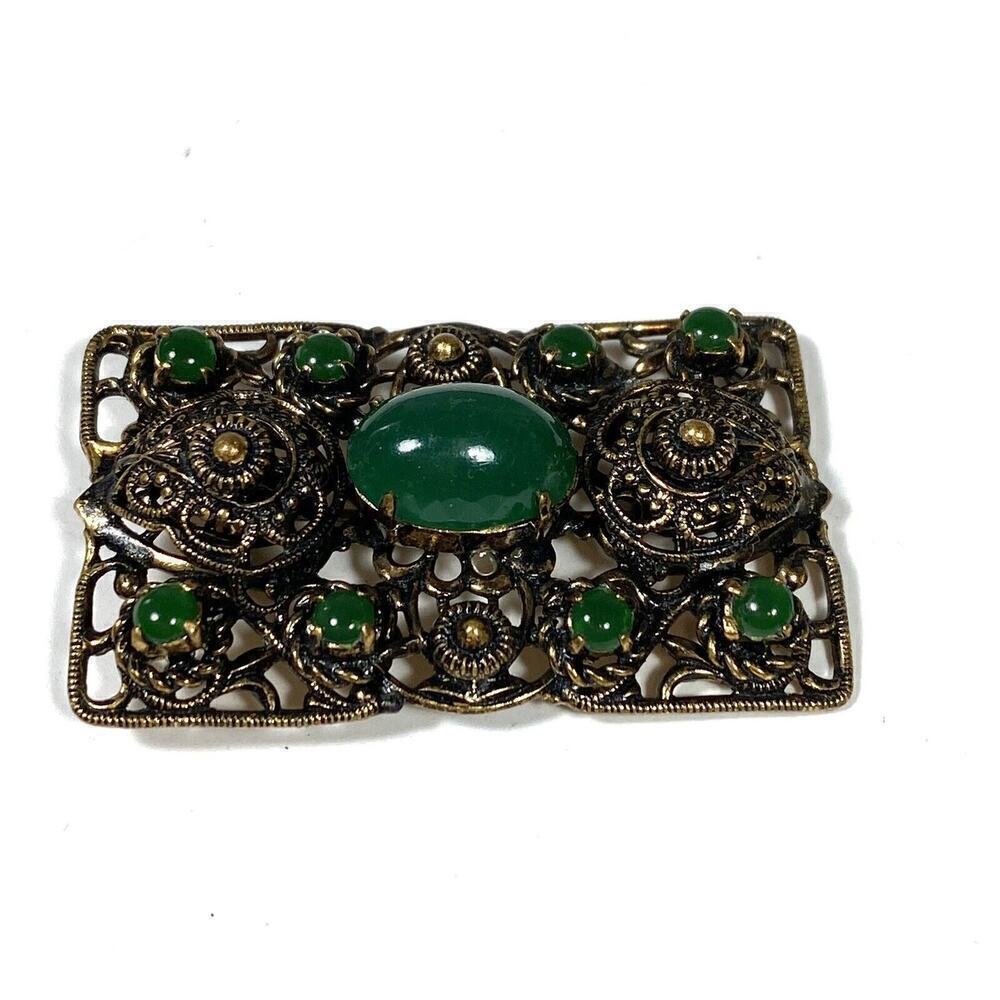 Germany Brooch Vintage Green Cabochons Filigree Art Deco